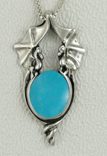 Sterling Silver Proud Pair of Dragons Pendant With Turquoise